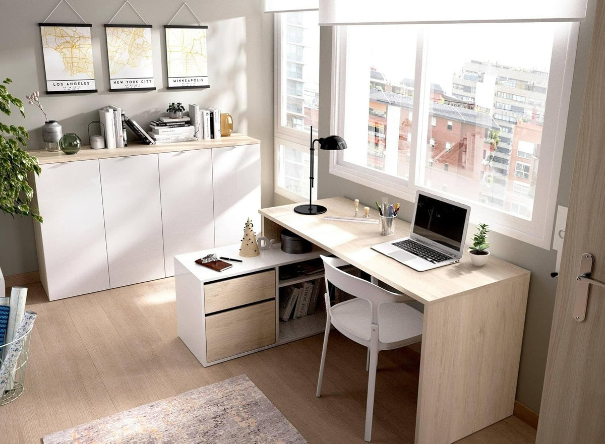 Dmora Scrivania Gardena, Positions pour Bureau ou Chambre d'enfant, Table d'étude d'angle Multi-usages, 139 x 92 x 75 cm, Bois, Chêne Blanc