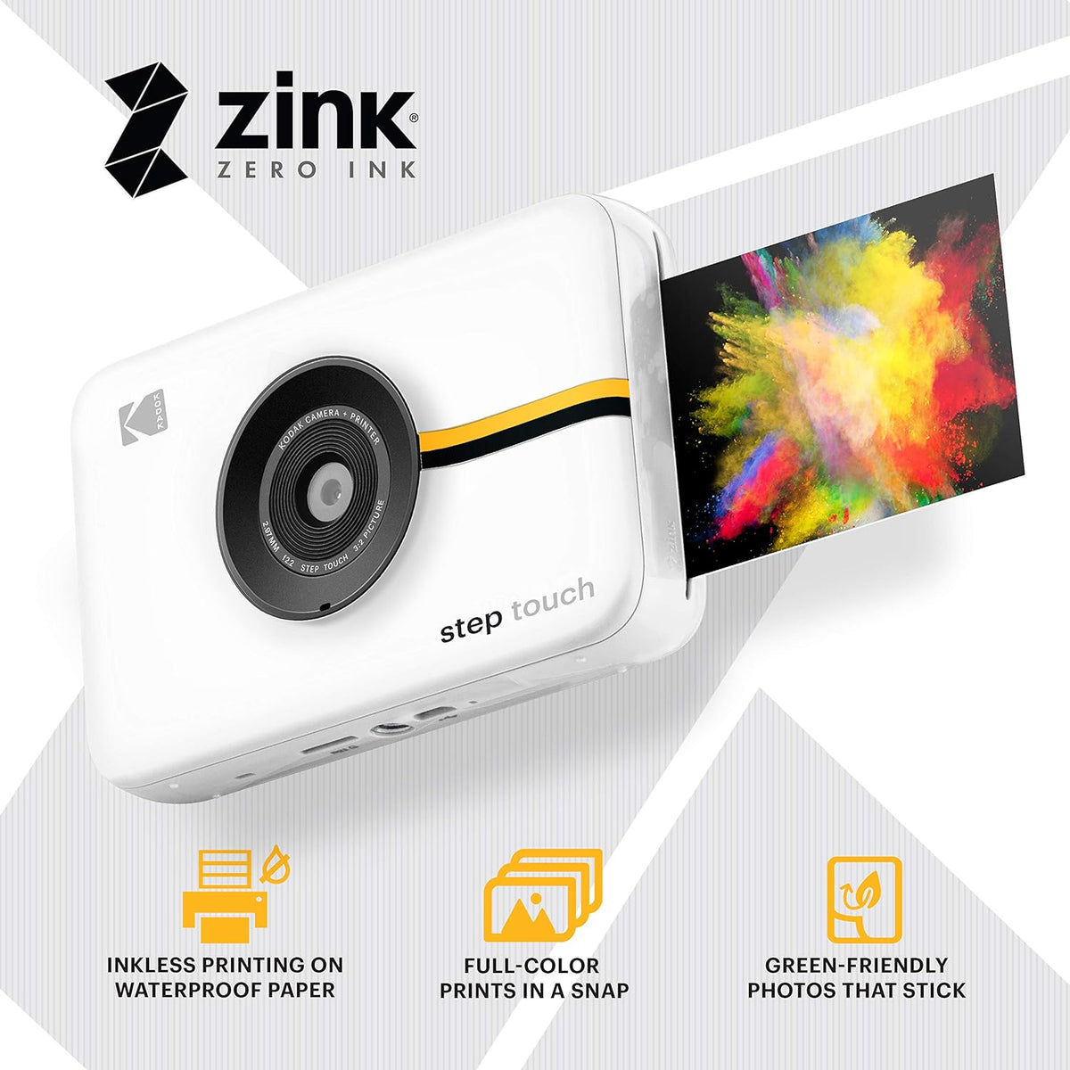KODAK Step Touch Appareil Photo instantané avec écran Tactile LCD de 3,5 Pouces Blanc Bundle : étui, album, marqueurs, paquet de 20 papiers Zink, autocollants