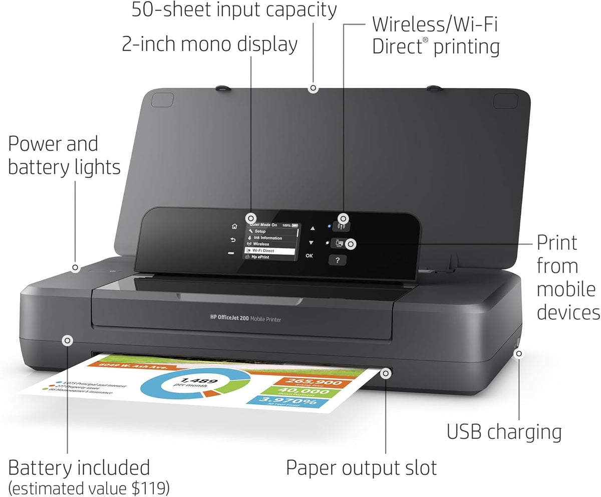 OfficeJet 200 Mobile Couleur 4800 x 1200dpi A4 WiFi Noir - Imprimante d'Encre (PCL 3, 50/60 Hz, Papier Satiné, Normal, Recyclé, USB 2.0, LAN Sans Fil)