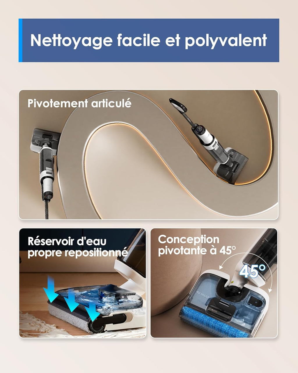 Tineco Floor One S6 Stretch Lite Aspirateur Laveur, Aspirateur Balai sans Fil, S’aplatit à 180°, Auto-Nettoyage, 40 Min d'autonomie, Nettoyage des Bords de 2 côtés