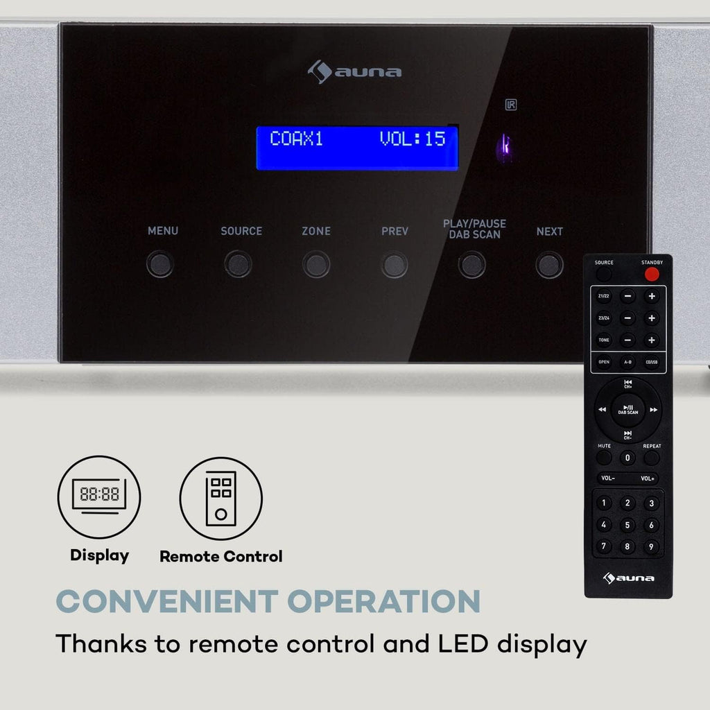 AUNA AMP-4000 Radio DAB+, Amplificateur Stéréo HiFi avec Télécommande USB, Écran LED, Noir et Blanc