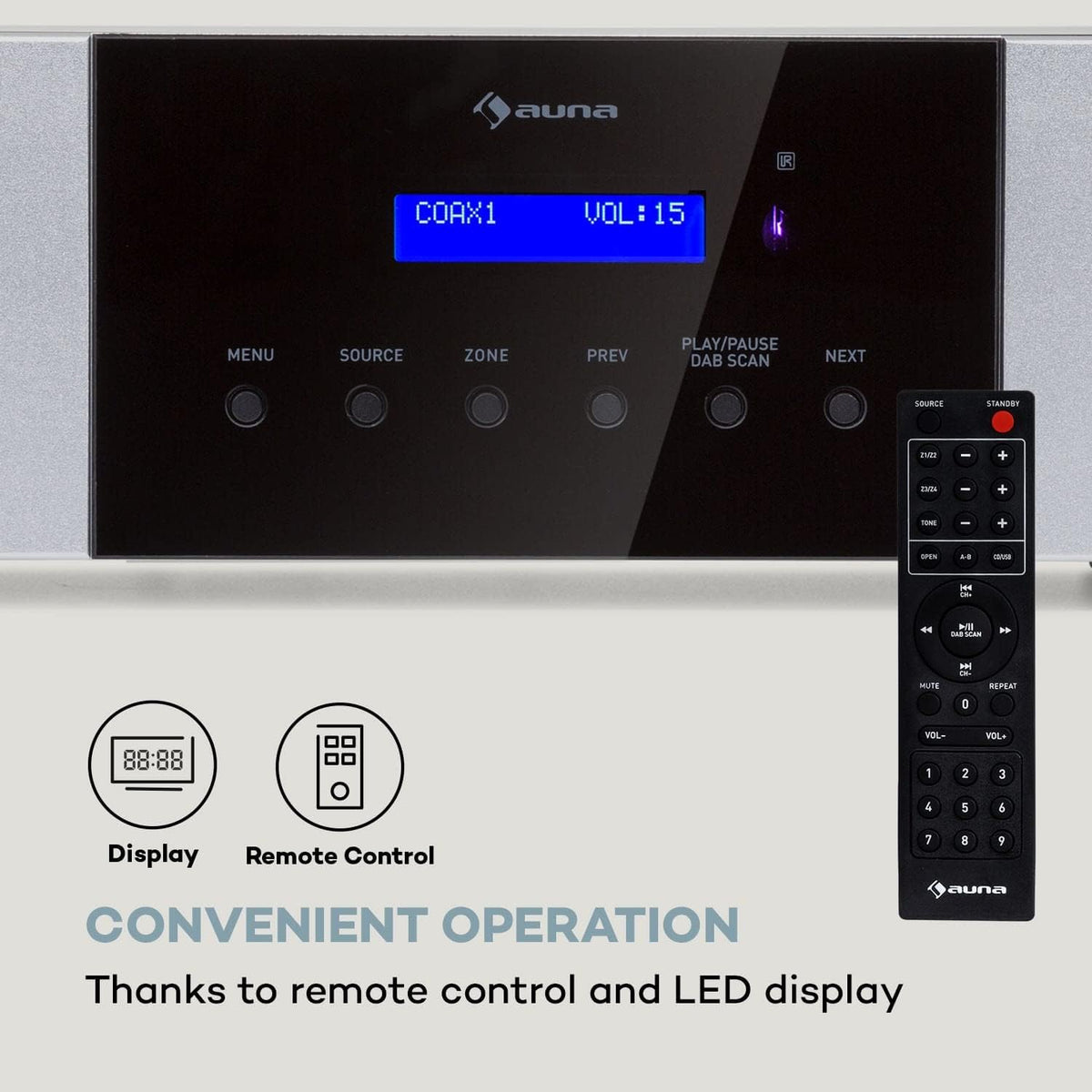 AUNA AMP-4000 Radio DAB+, Amplificateur Stéréo HiFi avec Télécommande USB, Écran LED, Noir et Blanc