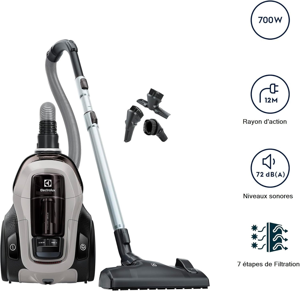 Electrolux Pure C9, Aspirateur Traineau sans Sac, Aspiration Puissante, 7 étapes de Filtration, Poignée Flexible avec Variateur de Flux d'air, Accessoires 3 en 1 Clipsés sur Poignée, PC91-4MG, Gris
