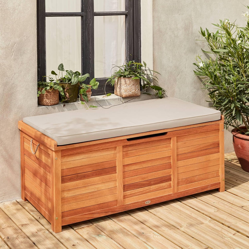 Alice's Garden - Coffre de jardin 200L en bois - Caja beige - 125x60cm rangement coussins avec 2 vérins et poignées