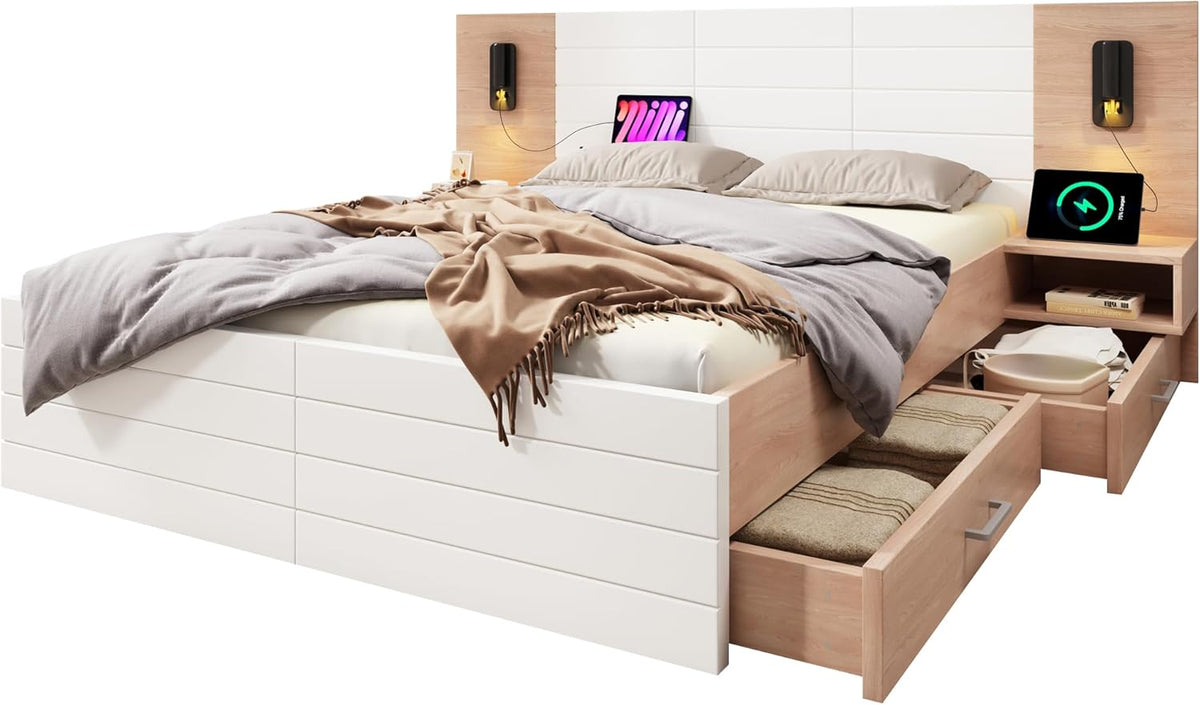 Lit double en bois - 180 x 200 cm - Avec 2 tiroirs - Lampe de tête de lit - Lampe de lecture avec fonction de charge USB - Lit moderne avec 2 commodes de chevet - Cadre de lit et sommier à lattes -