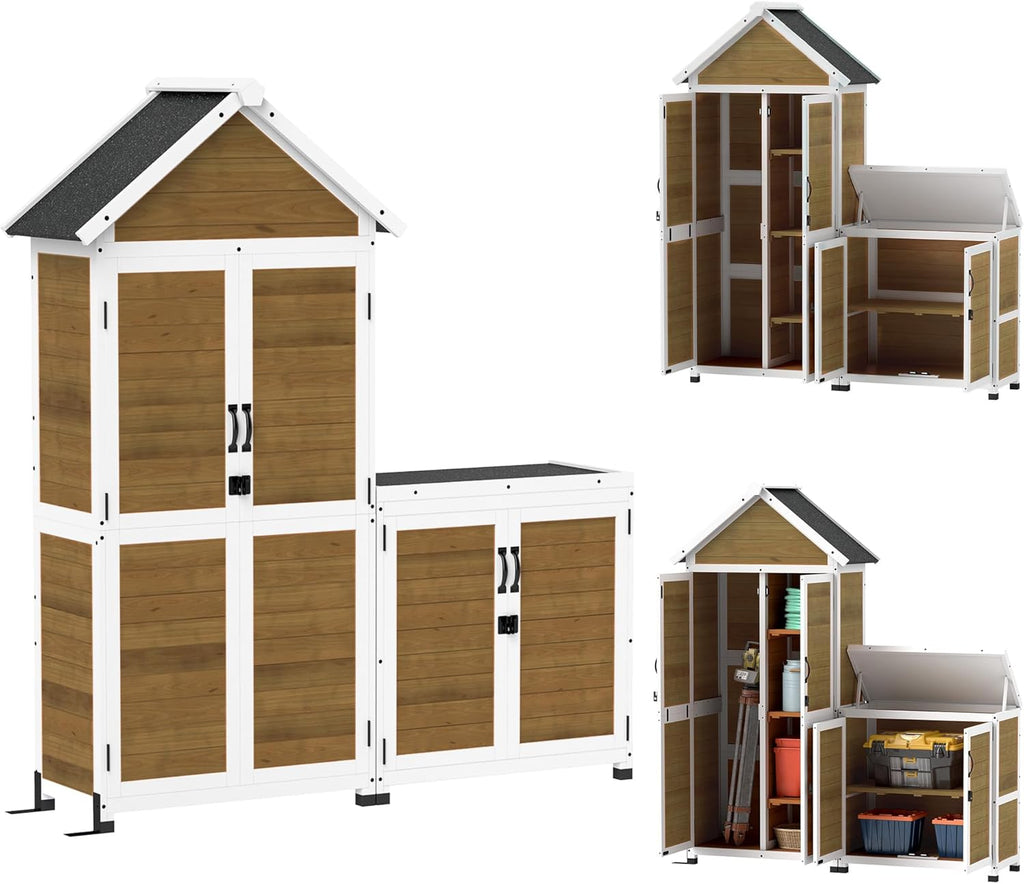 Outsunny Abri de Jardin + Armoire de Rangement en Bois, cabane de Jardin extérieur intérieur avec Toit incliné en Asphalte, étagères et Portes verrouillables, Armoire à Outils pour Balcon, Naturel