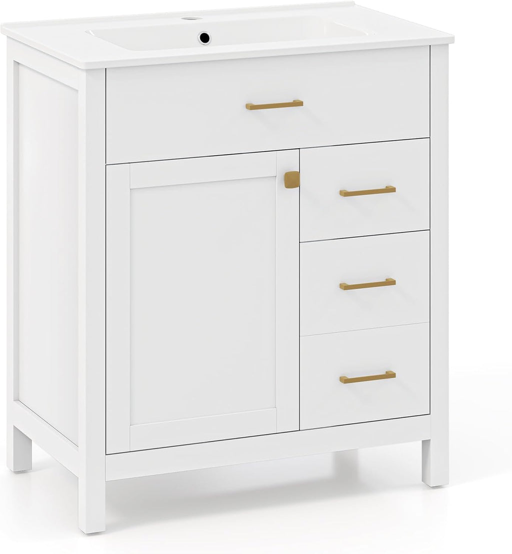 LIFEZEAL Meuble de Salle de Bain avec Lavabo, Meuble sous Lavabo avec Évier en Céramique, 2 Tiroirs et Portes, 76 x 46,5 x 86 cm, Ensemble de Meuble de Salle de Bain, Blanc