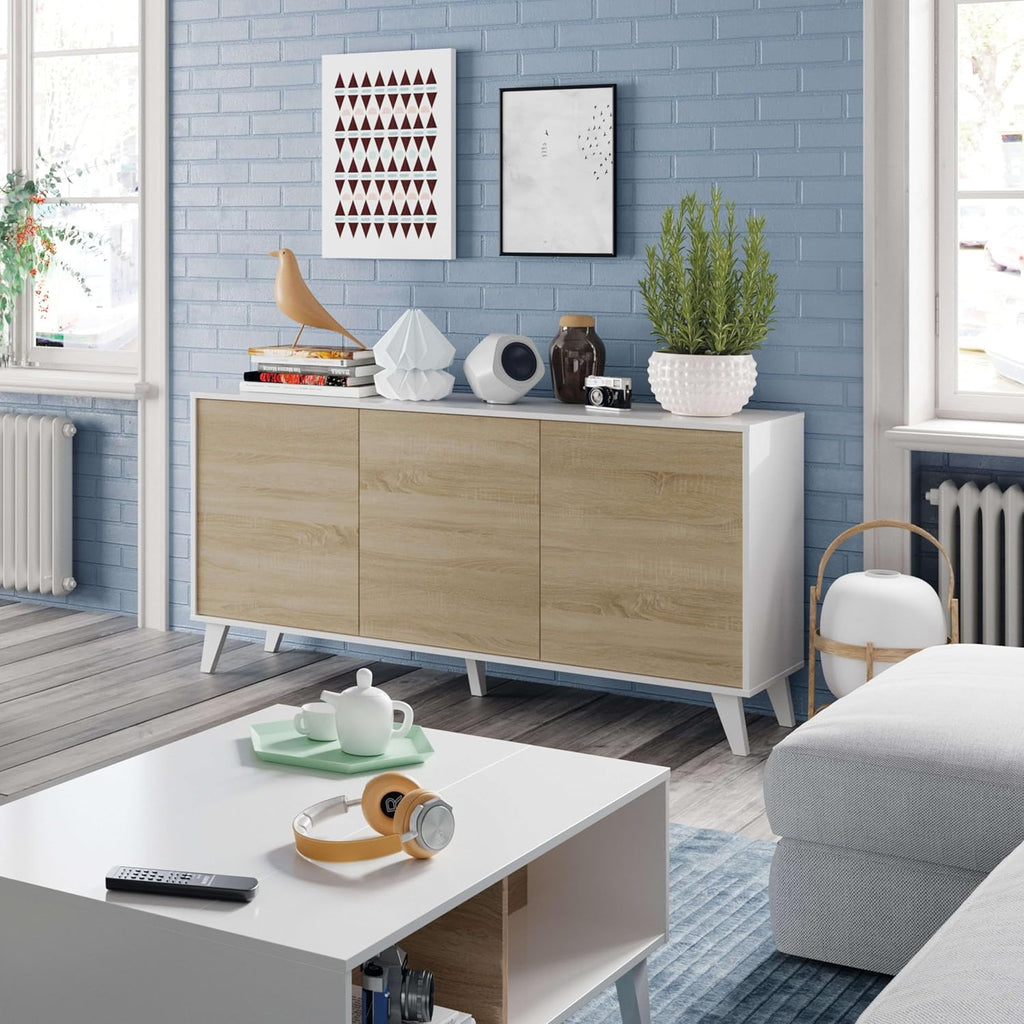 Habitdesign modèle Zaiken Plus Buffet, salon salle à manger 3 portes, blanc brillant et chêne canadien, dimensions : 154 x 75 x 41 cm (l x H x P).