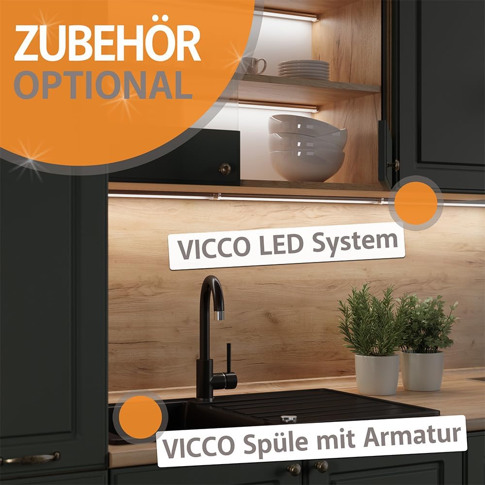Vicco Cuisine Fame-Line, Bleu foncé Brillant/Blanc, 140 cm, PT Anthracite