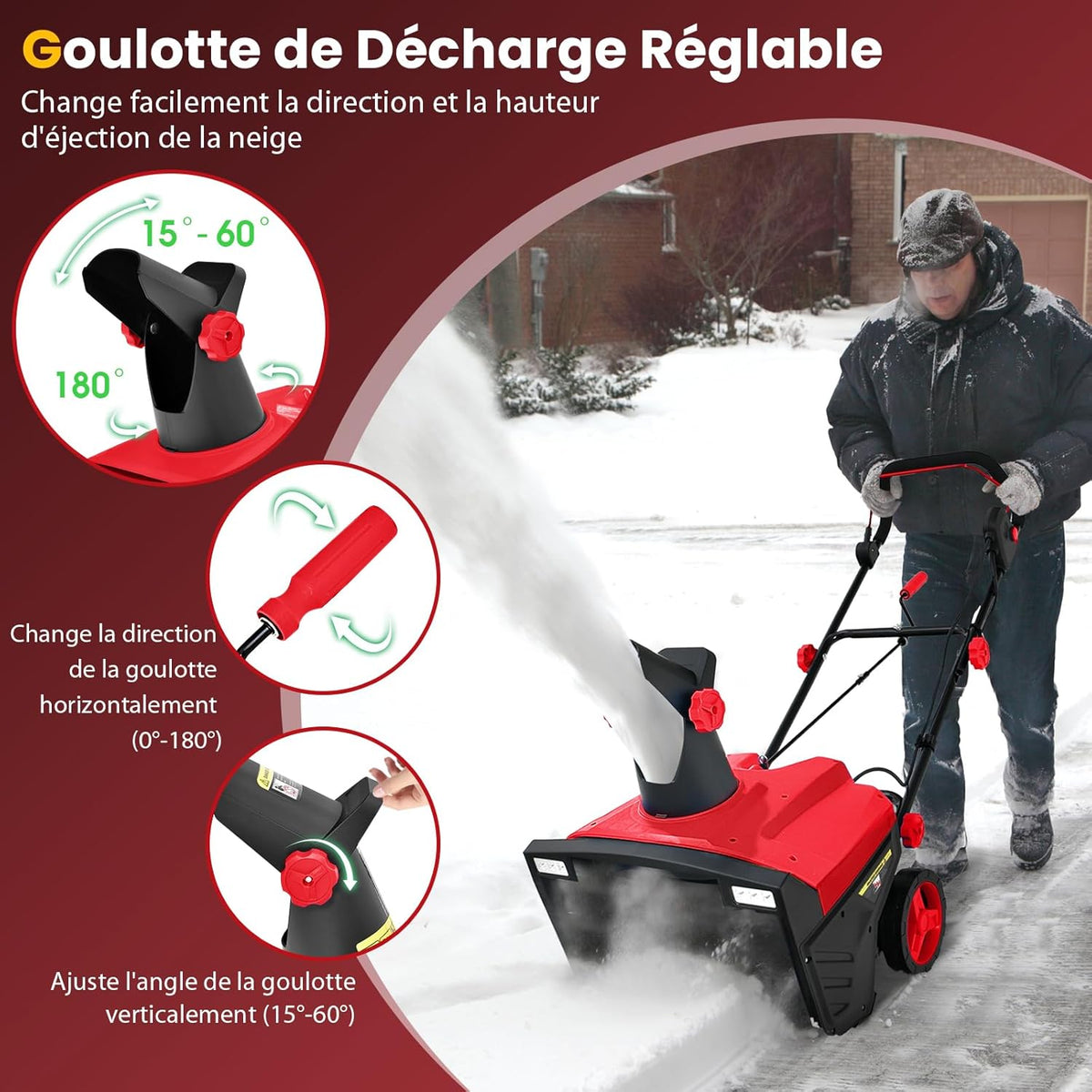 GYMAX Déneigeuse Électrique avec Lumières, Lame 50x25cm, Vitesse 3000rpm, Distance de Jet de Neige 9 m, Goulotte d'Éjection Réglable, Fraise à Neige à Brancher