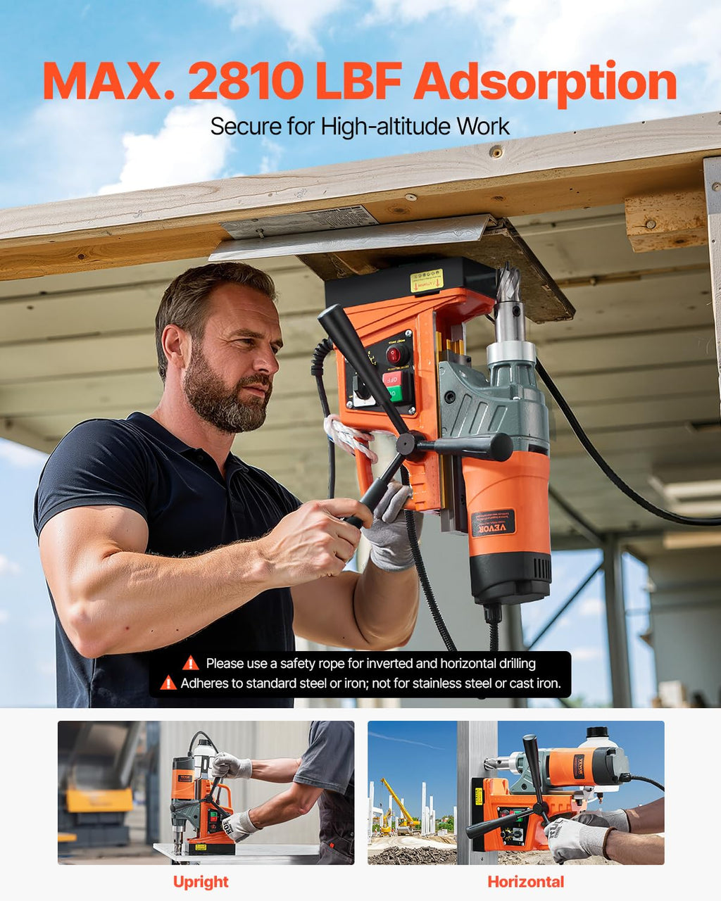 VEVOR Perceuse magnétique, 1450 W, perceuse électrique portable, diamètre d'alésage 40 mm, 12500 N, 800 tr/min, avec vitesse variable, pour rénovation maison construction de navire chemin de fer pont