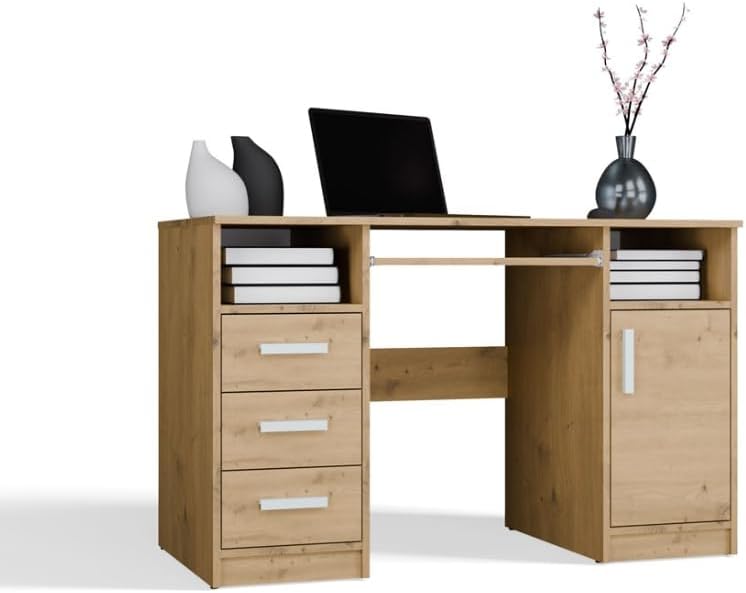 BDW Delta Bureau avec 3 tiroirs et 1 armoire, 120 x 75 x 60 cm, plateau pour clavier, Biruo, chambre d'enfant, salon, chêne artisanal