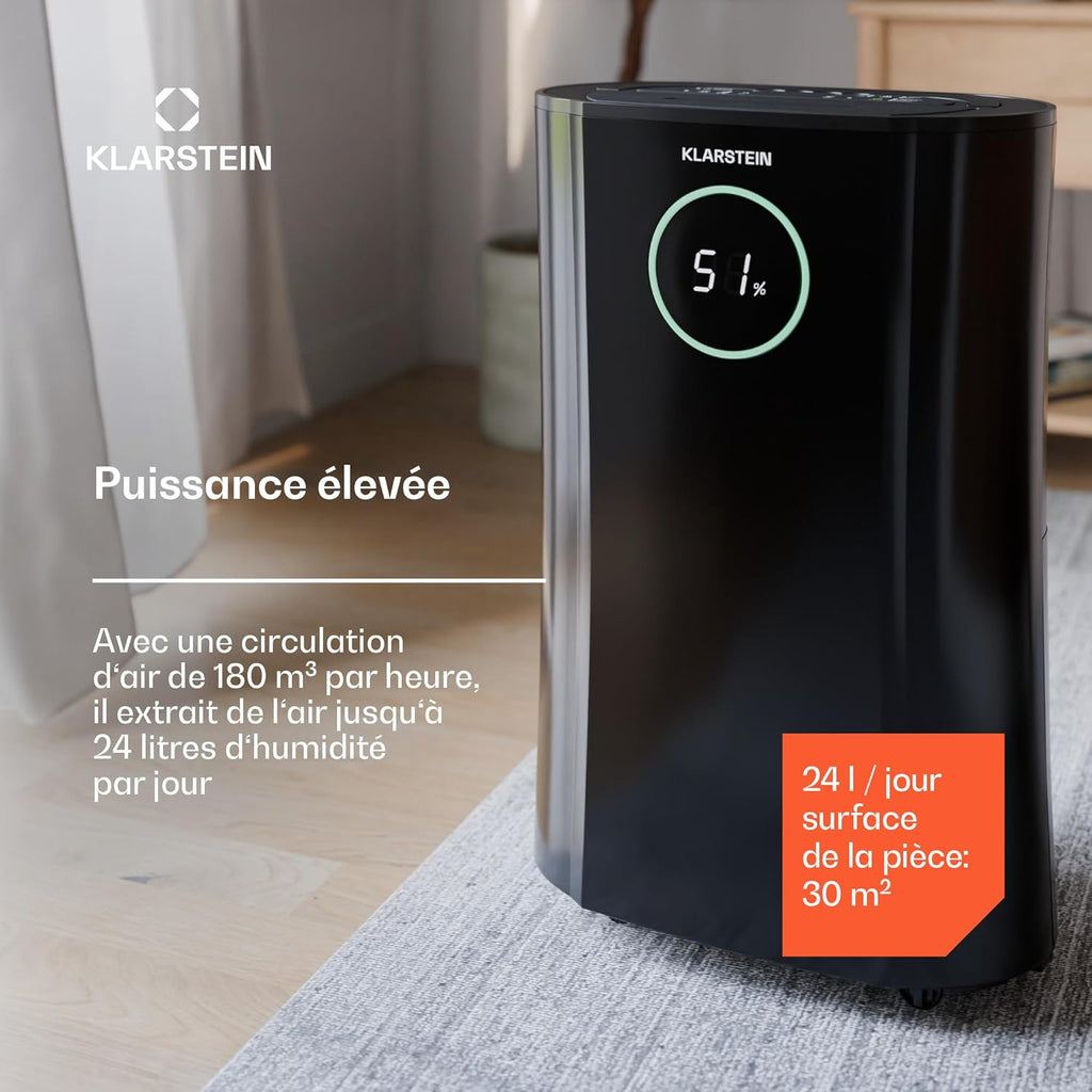 KLARSTEIN DryFy ProConnect 24L Déshumidificateur Smart, Wi-FI, 24h Minuterie, Filtre Charbon Actif, Silencieux, Réservoir 4L, Portable, pour Maison & Bureau, Jusqu'à 36m², Noir