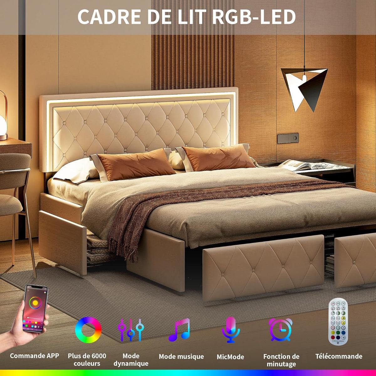 LONELYO Cadre de lit 160x200 avec sommier et Rangement - Lit Coffre capitonné PU avec LED et tiroirs, Design Moderne pour Chambre Adulte 160x200