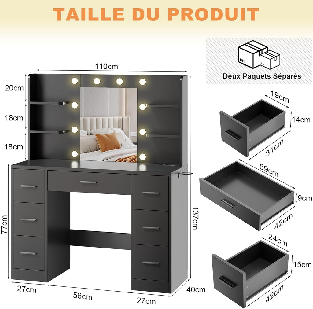 Airfish Coiffeuse LED, tiroir et prise, bureau de maquillage moderne avec étagères, commode pour chambre à coucher