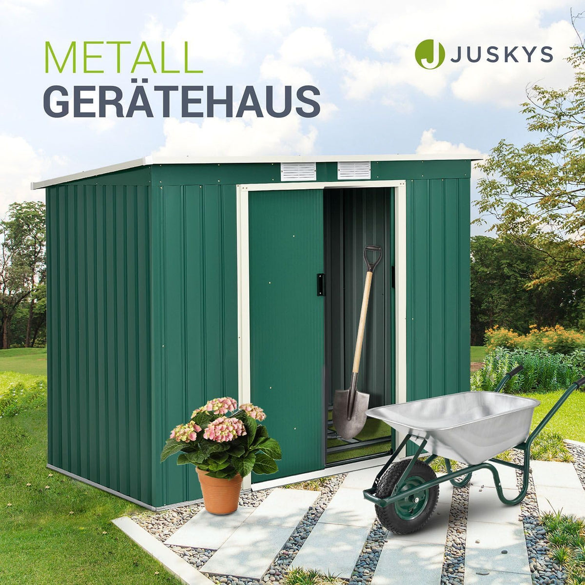 Juskys Abri de Jardin en métal de 4m³ avec Toit en Pente, Porte coulissante et Fondation - 213x130x173cm - Outils de Jardin en Acier (Vert)(M)