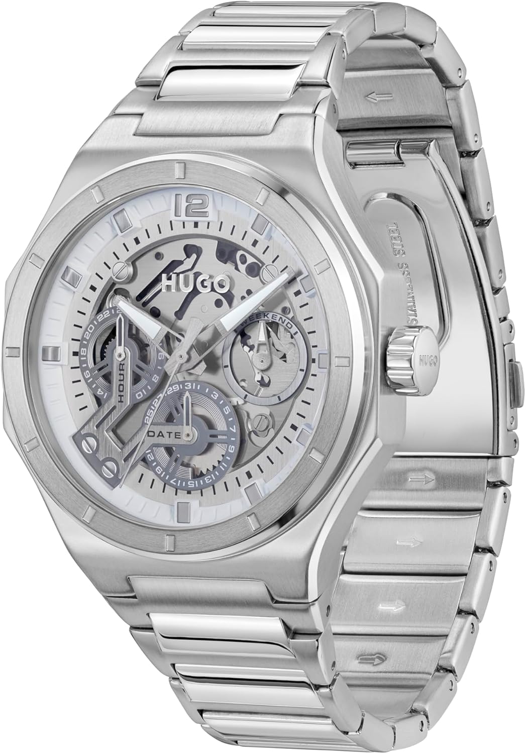 HUGO Montre Analogique Multifunction à Quartz pour Homme Collection Grail Skeleton avec Bracelet en Silicone ou en Acier Inoxydable