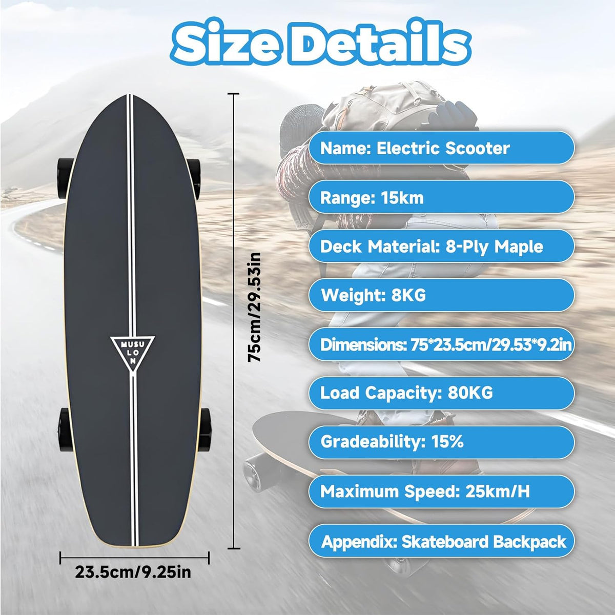 PxkVrin Skateboard électrique Tout Terrain avec télécommande, en érable 8 Plis, idéal pour Les Campus et la Ville. C