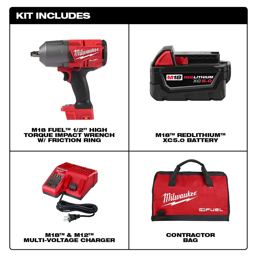 M18 FUEL 18V Lithium-Ion Brushless Cordless 1/2 in. Impact Wrench w/Friction Ring Kit w/One 5.0 Ah Battery and Bag