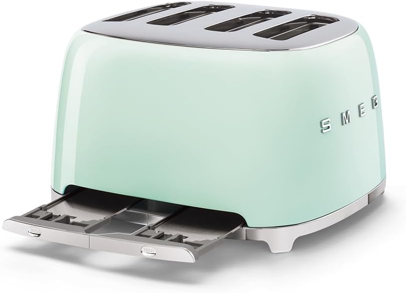 Smeg, Grille-pain 4 Tranches TSF03PGEU, 4 Fentes 36 mm, 6 Niveaux de Brunissage, Fonction Chauffage, Décongélation et Bagel, Éjection Automatique du Pain, 2 Ramasse Miettes, 2000 W, Vert Pastel