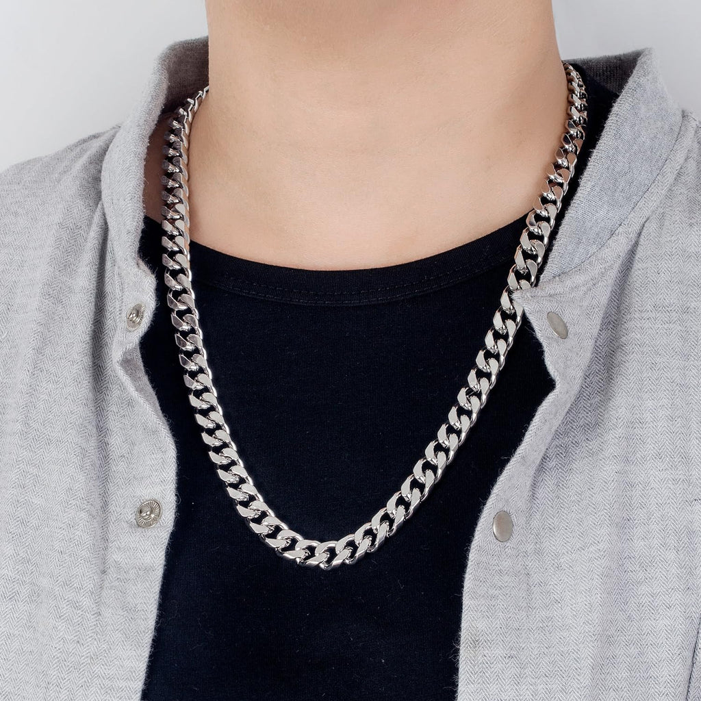 Dankadi Collier Cubain Large 8-10-12MM Massif en 925 Argent, Chaîne Cubaine Maille Lisse et Cannelure 16" à 30" Cadeau de Bijoux Classique Rock Punk Hip Pop Miami pour Homme