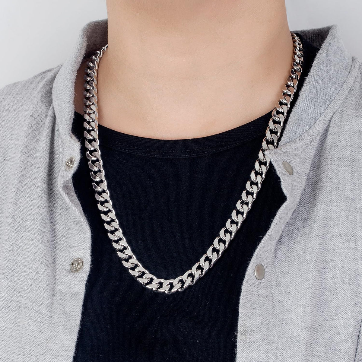 Dankadi Collier Cubain Large 8-10-12MM Massif en 925 Argent, Chaîne Cubaine Maille Lisse et Cannelure 16" à 30" Cadeau de Bijoux Classique Rock Punk Hip Pop Miami pour Homme
