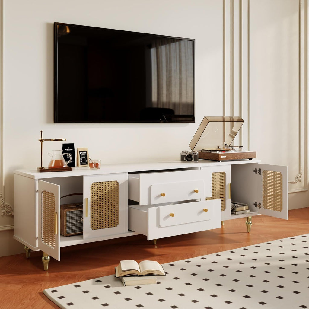 Meuble TV bas de style rétro avec 6 compartiments de rangement, poignées dorées, porte en rotin et pieds en métal, buffet TV pour salon (blanc, 175 x 38 x 55,5 cm)