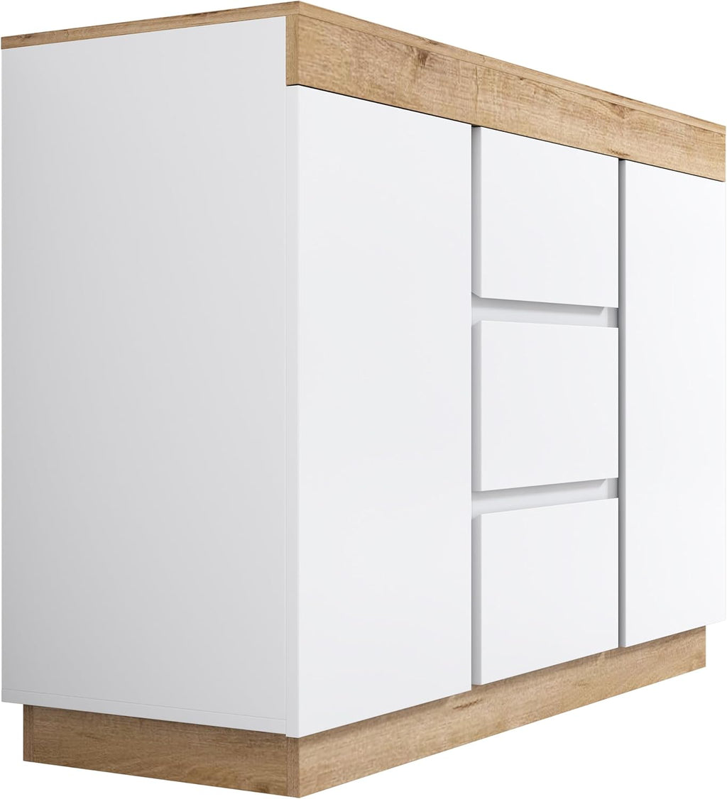 Merax Commode moderne avec 2 portes et 3 tiroirs pour salon, salle à manger et chambre à coucher, 120,5 x 40,2 x 82,5 cm, blanc et bois