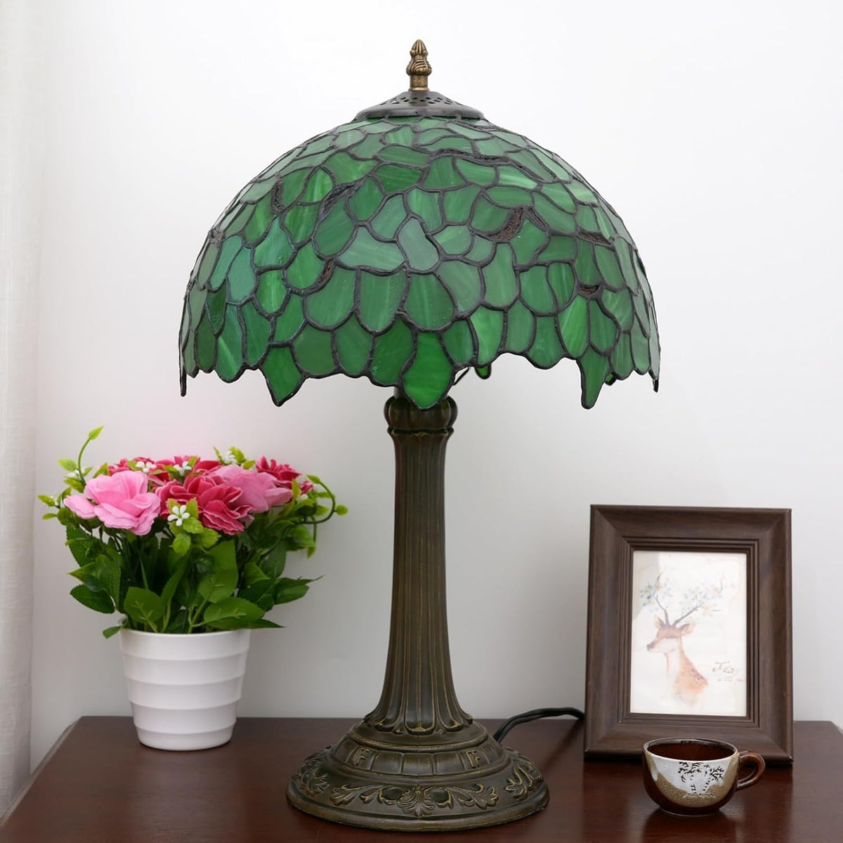 Lywins Tiffany Lampe de Table Vitrail Abat-jour E27 30cm Feuilles Vertes Invité Salle a Manger Bar Lampe Étude Chambre Chevet Lampe De Bureau