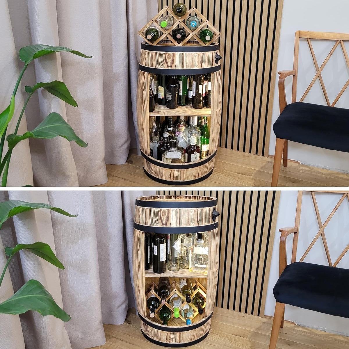 weeco Tonneau en Bois Multifonctionnel avec Éclairage LED – Bar à Vin et Casier à Bouteilles – Meuble Rustique pour Rangement de Verres et Alcools 80x50cm