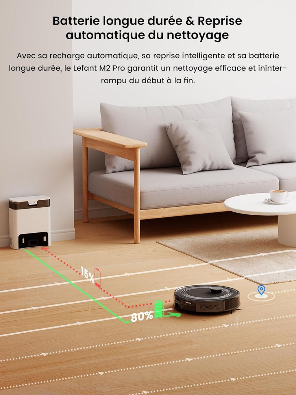 Lefant M2 Pro Robot Aspirateur Laveur 6000Pa avec Station Vidage Automatique Poussière,Navigation Laser avec Cartographie,Nettoyage Personnalisé, Évitement d'obstacles PSD, Idéal pour Poils d'animaux