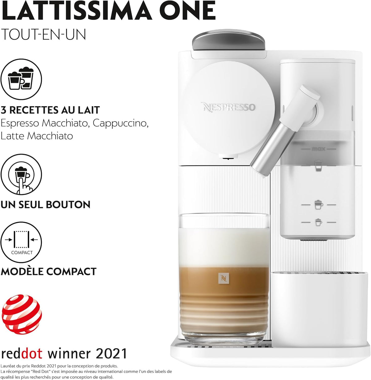 De'Longhi Nespresso Lattissima One Evo EN510.W, Machine a Café Capsule, Expresso et Cappuccino, 1450W, Blanc