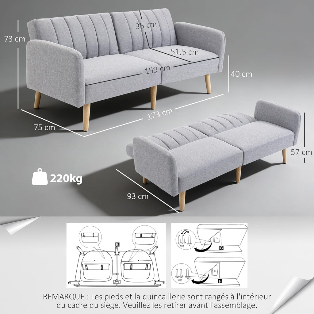 HOMCOM Canapé Convertible 2 Places Design scandinave Dossier inclinable 3 Positions Pieds Bois Tissu Aspect Lin Gris