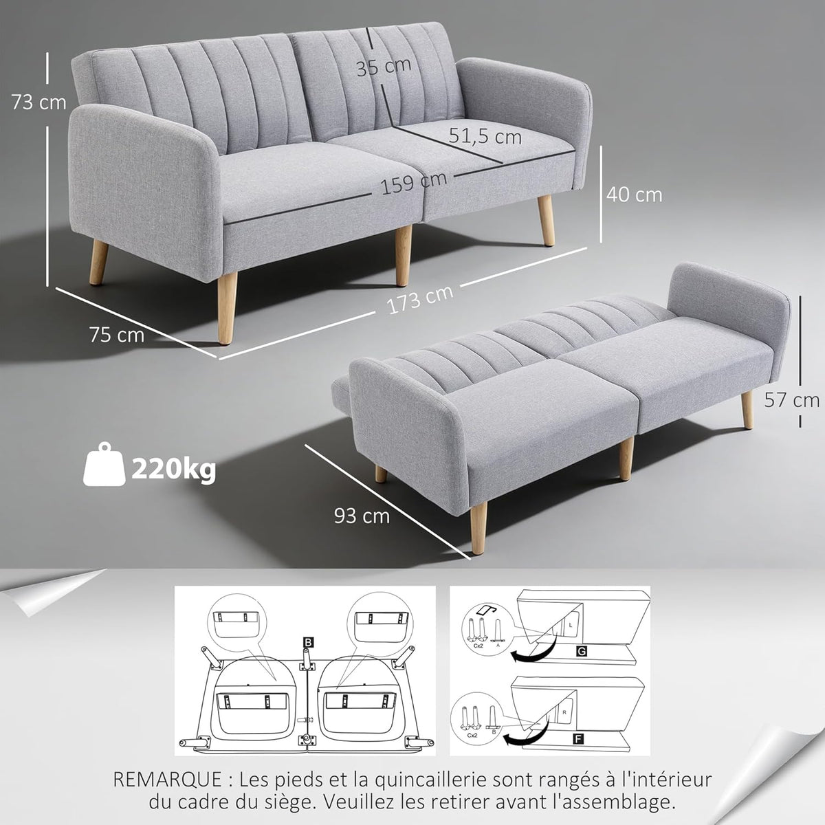 HOMCOM Canapé Convertible 2 Places Design scandinave Dossier inclinable 3 Positions Pieds Bois Tissu Aspect Lin Gris
