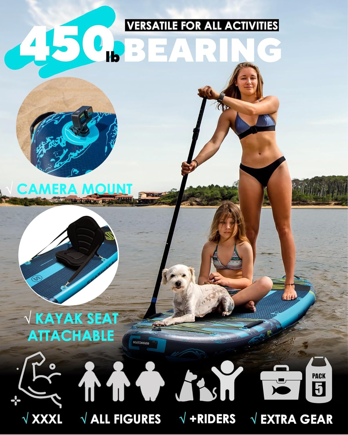 Skatinger Planche à pagaie Gonflable Super Large de 3,4 m x 9,9 m, Ultra Stable pour 2 + 1 Personnes/Famille/Grande Taille avec bandoulière, Sac à Dos de 100 L, Planche à pagaie complète, aileron