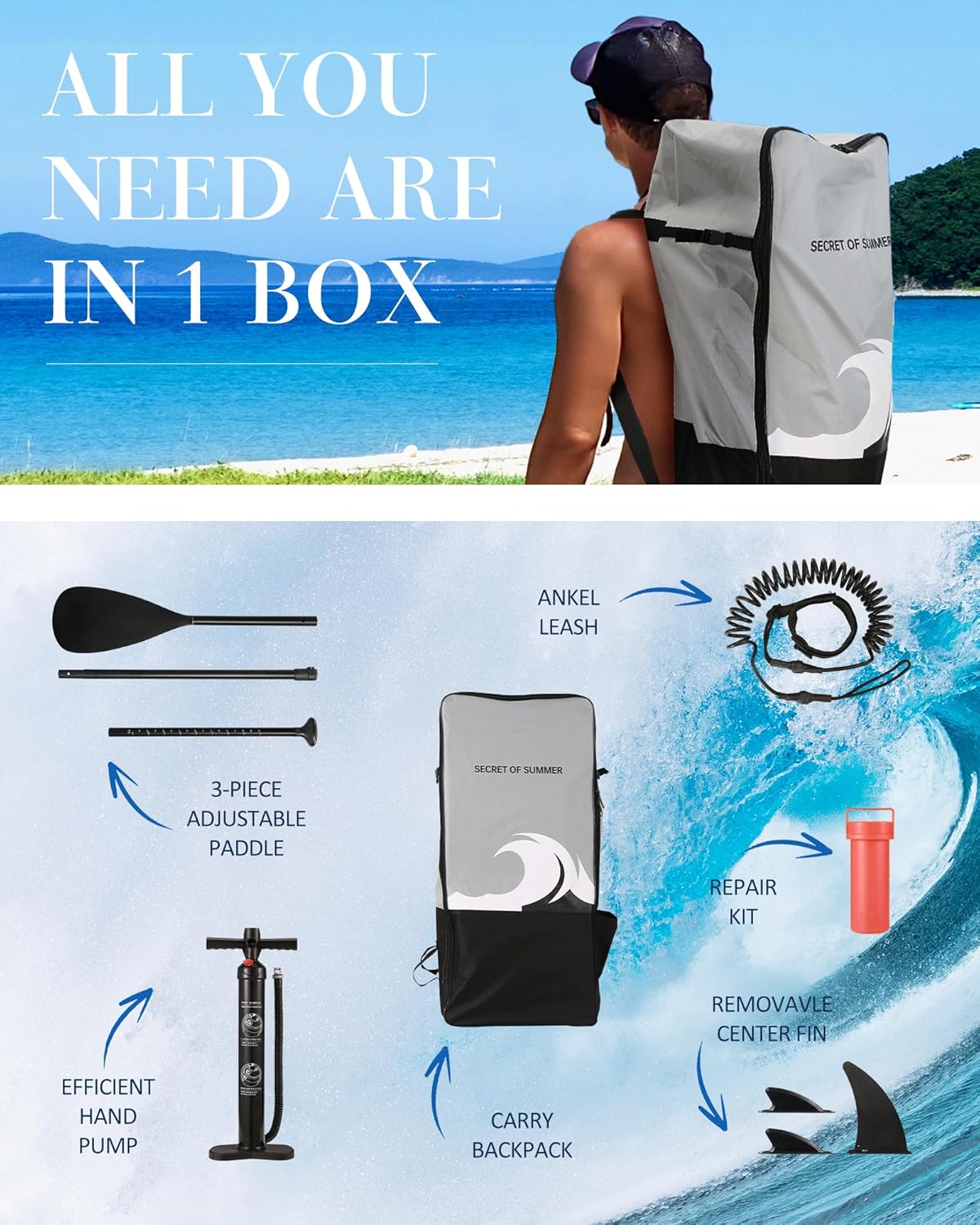 Planche à pagaie de 15,2 cm d'épaisseur avec accessoires ISUP et sac de transport et pompage rapide pour adultes et jeunes pour pagaie, surf, pêche, yoga