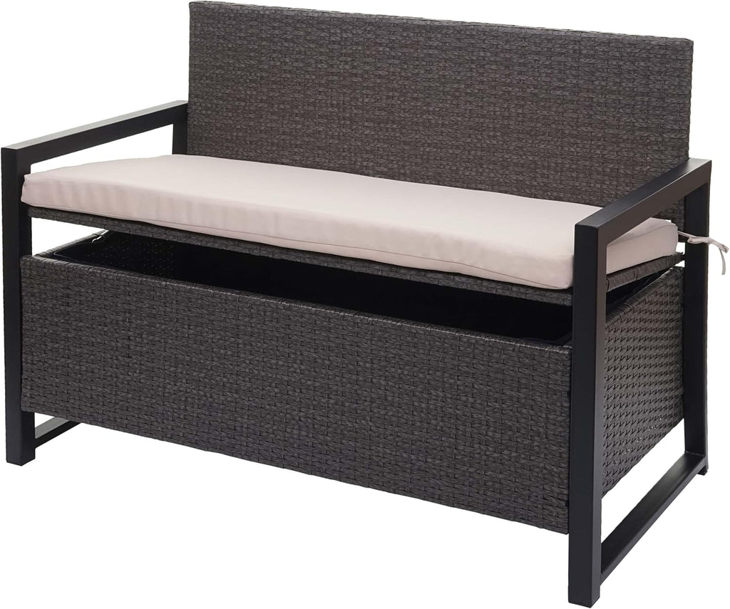 Décoshop26 Banc de Jardin 2 Places en polyrotin Gris Coffre de Rangement Coussin d'assise Beige 04 0004170