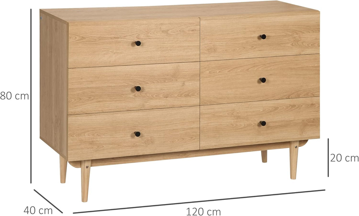 HOMCOM Commode 6 tiroirs, Meuble de Rangement avec Pieds en Bois Massif, Finition Bois veiné, 120 x 40 x 80 cm, Marron Clair