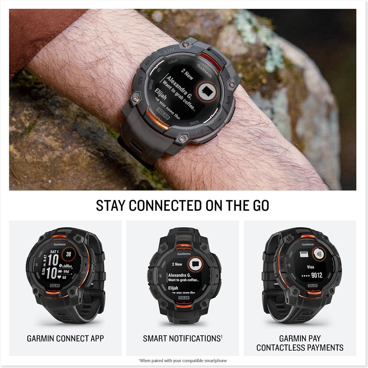 Instinct 3 45 mm, Affichage à Charge Solaire, Montre Intelligente GPS d'extérieur Robuste, Lunette renforcée en métal, Lampe de Poche intégrée, Noir
