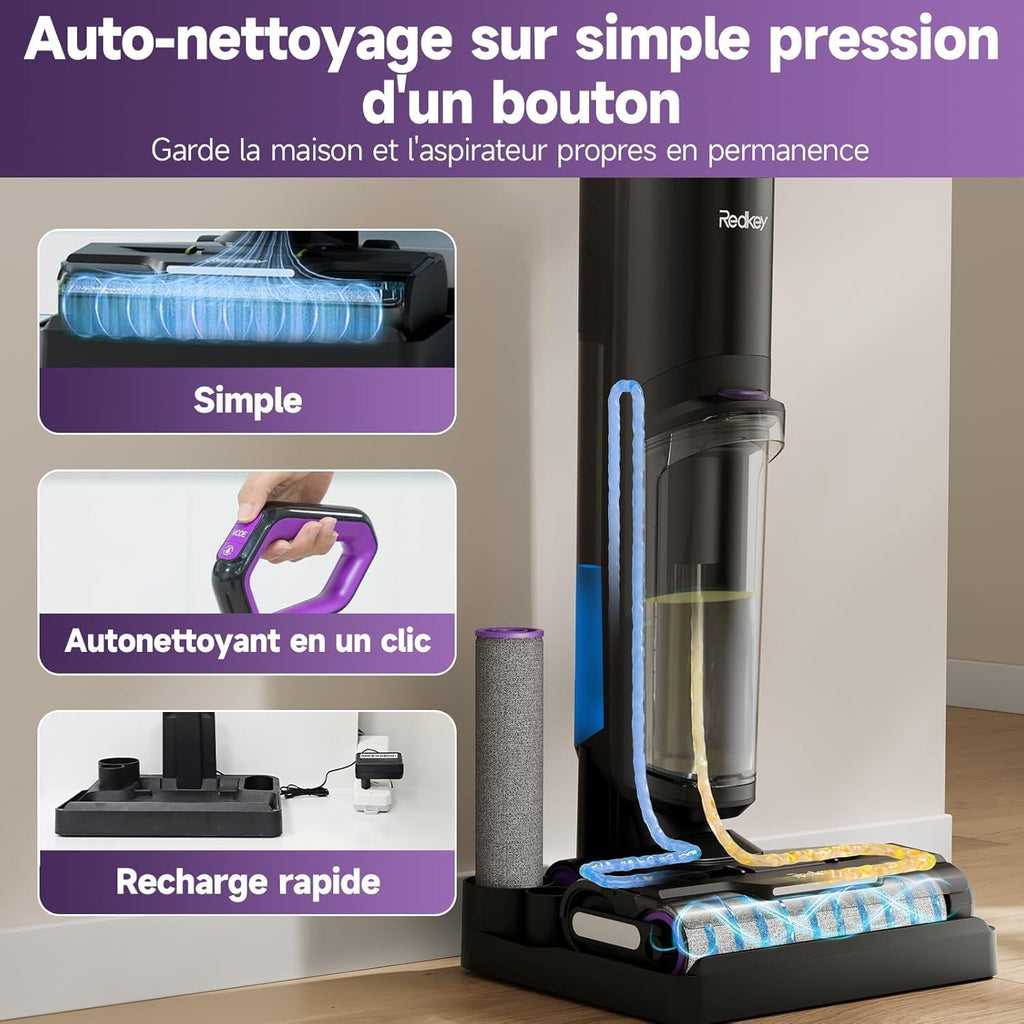 Redkey W15 Aspirateur Balai Laveur sans Fil, 20.000 Pa Balai aspirateur Laveur 3 en 1, Aspiration Puissant Eau et Poussière, 5mm Simple Lamination, Longue Autonomie, LED écran Digital, Auto-Nettoyage