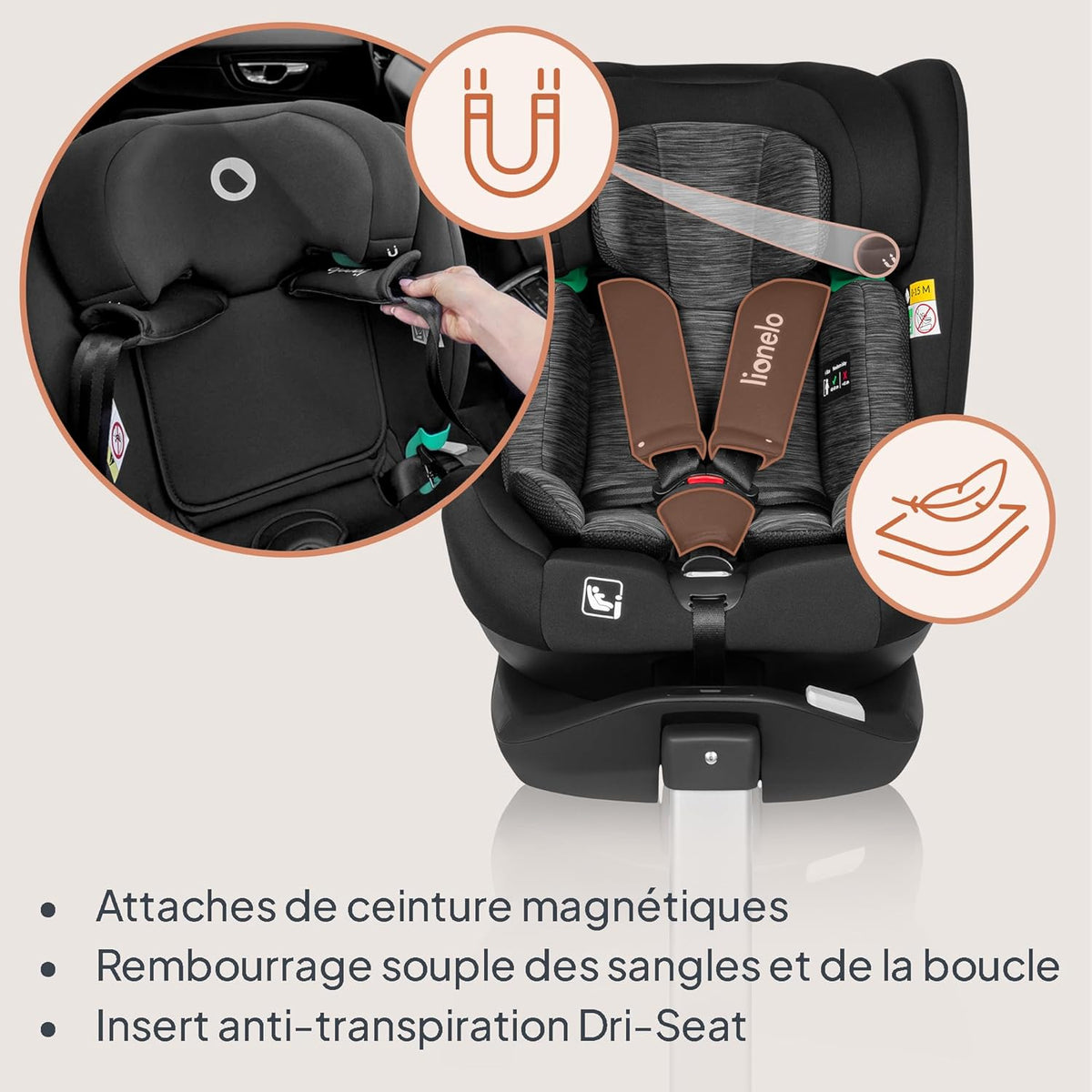 LIONELO Braam siege auto de 0 à 36 kg, jambe de force et Isofix ou ceintures de sécurité de voiture, rotation à 360 degrés face à la route ou dos à la route (Carbone Noir, BRAAM)