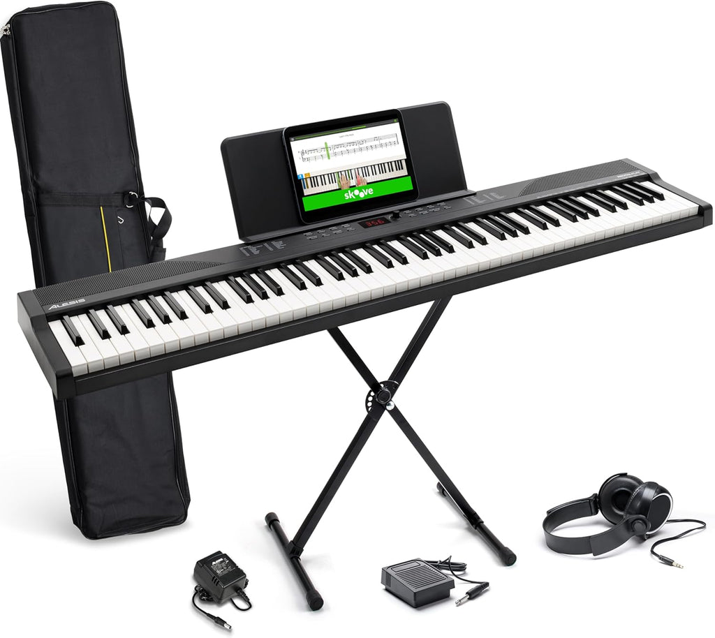 Alesis Clavier piano 88 touches avec 480 sons, haut-parleurs, MIDI USB, sac de transport, support & CASCHA Banc de Clavier réglable en Hauteur I Tabouret de Piano Pliable I Banc de Piano rembourré