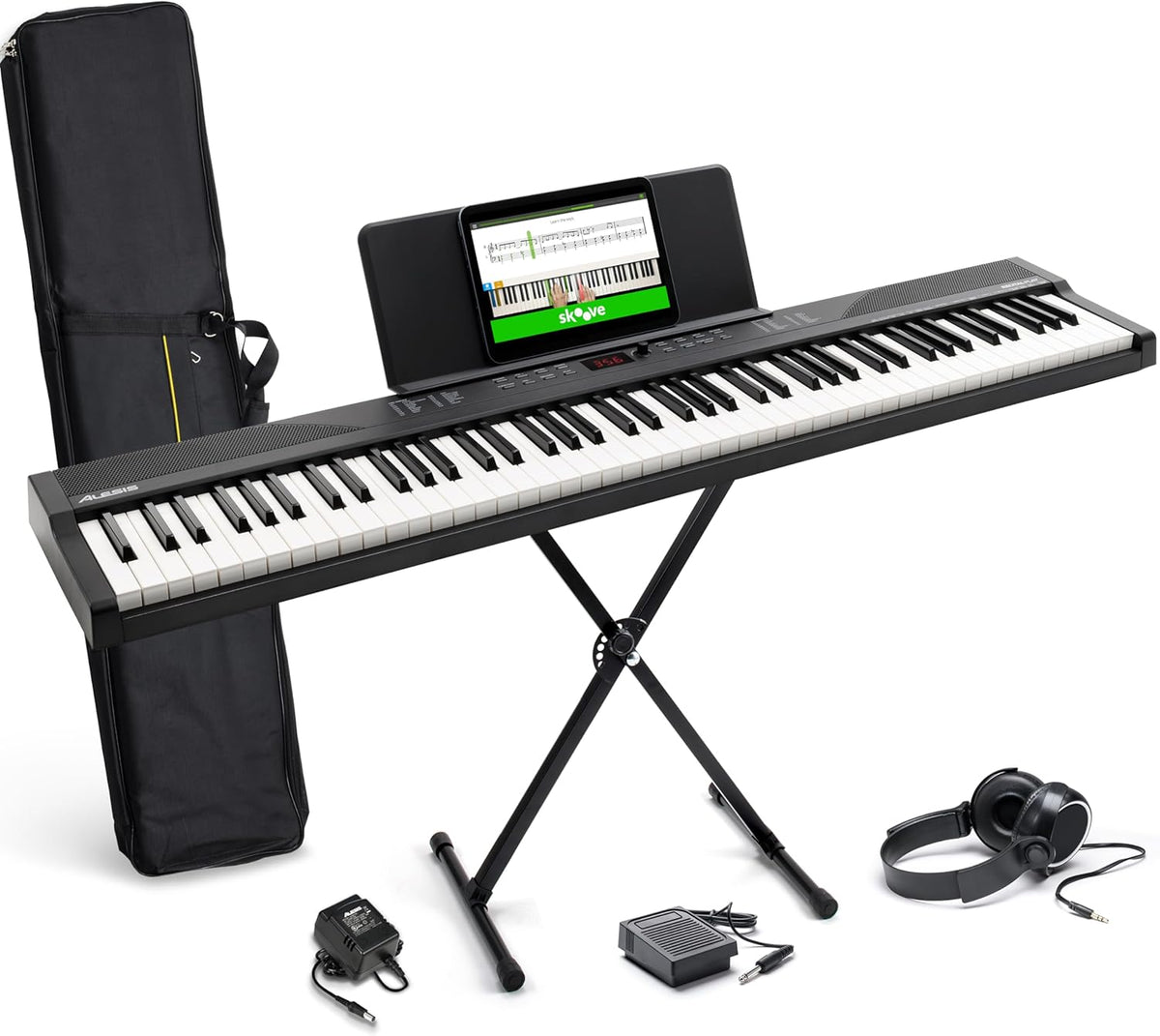 Alesis Clavier piano 88 touches avec 480 sons, haut-parleurs, MIDI USB, sac de transport, support & CASCHA Banc de Clavier réglable en Hauteur I Tabouret de Piano Pliable I Banc de Piano rembourré