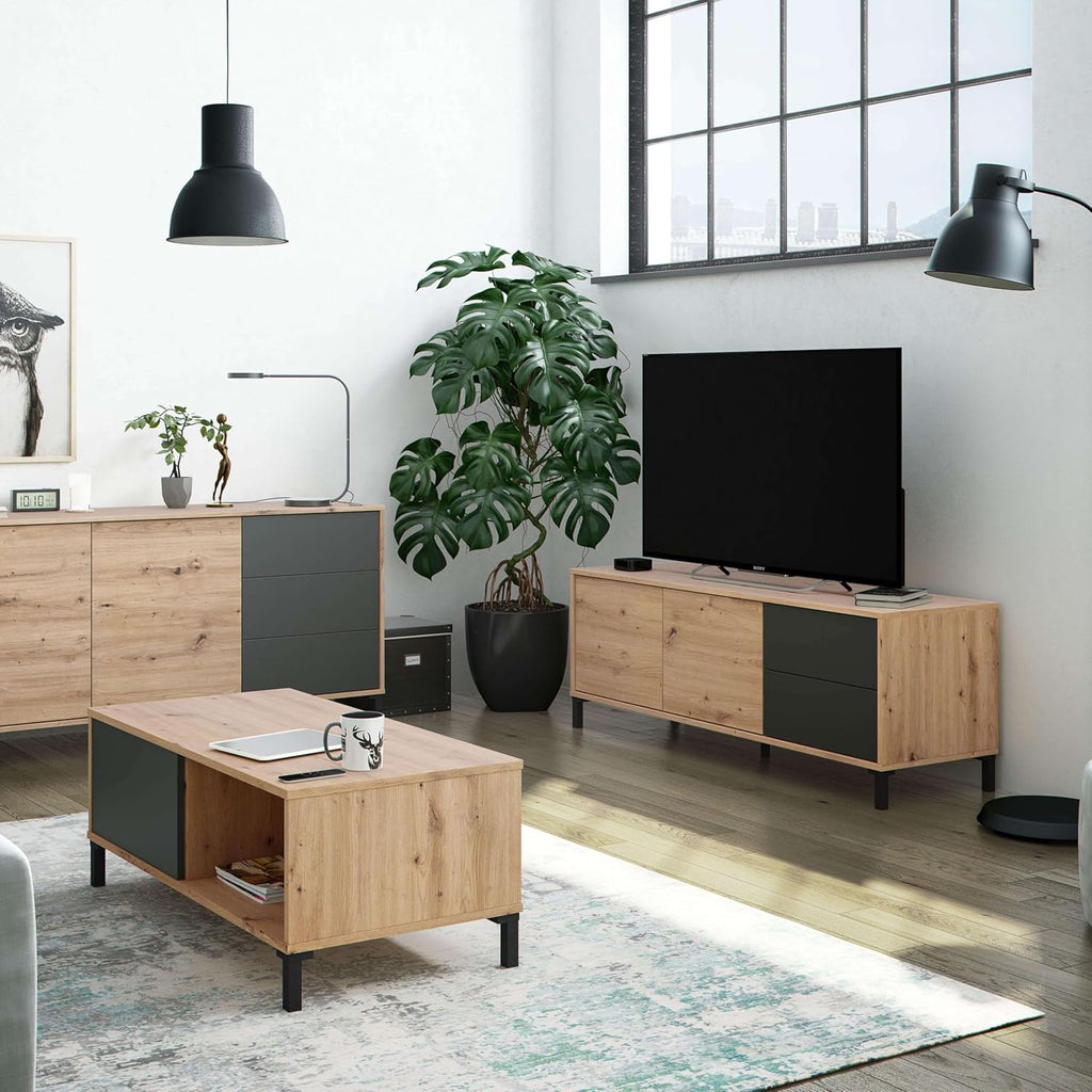 Habitdesign modèle Brooklyn Buffet 2 portes et 3 tiroirs, finition chêne Nodi et gris anthracite, dimensions : 154 x 74 x 41 cm l x H x P .