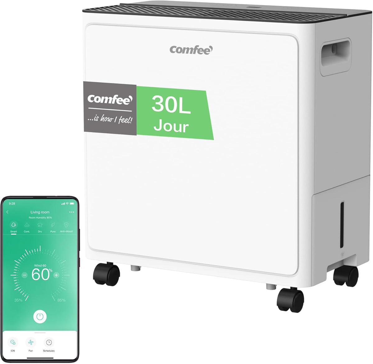 Déshumidificateur Puissant, Absorbe jusqu'à 30L/Jour, Sèche-linge, Mode confort, Réservoir 3L, Minuterie 24H, Idéal pour grandes pièces de 58-73㎡, Garage, Sous-sol