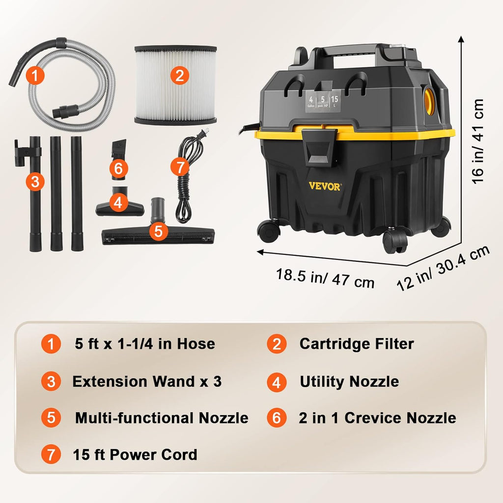 VEVOR Wet & Dry, 4 gallons, 5 Peak aspirateur 3 en 1 avec fonction de soufflage, accessoires portables de nettoyage des sols, tissus d'ameublement, lacunes, voiture, certifié ETL, noir/jaune