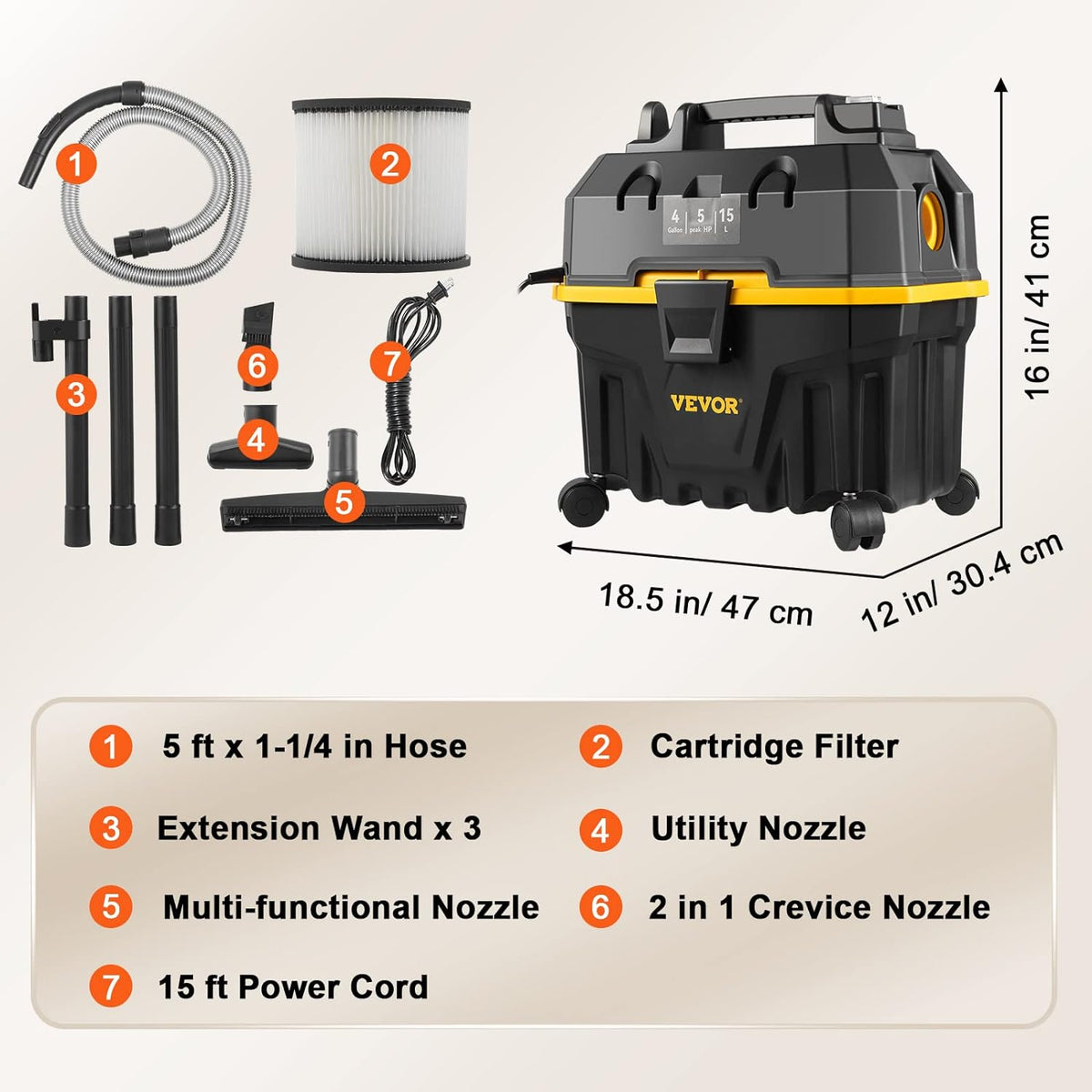 VEVOR Wet & Dry, 4 gallons, 5 Peak aspirateur 3 en 1 avec fonction de soufflage, accessoires portables de nettoyage des sols, tissus d'ameublement, lacunes, voiture, certifié ETL, noir/jaune
