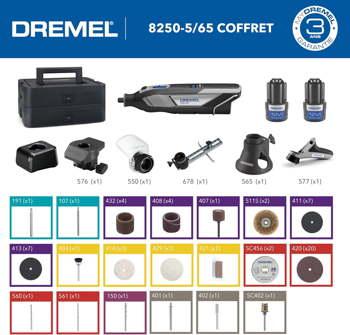 Dremel 8240 5/65 outil multi-usage sans-fil batterie 12V 2Ah, kit outil multi-usage avec 2 Batteries, 5 Adaptations, 1 boîte Platinum, 65 Accessoires