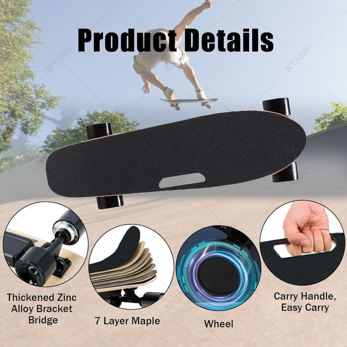 NYANS Skateboard Électrique Urbain pour Adultes, 3 Vitesses, Autonomie 8 km, Idéal pour Les Débutants (Enfants, Ados, Adultes, Débutants, Filles Et Garçons)