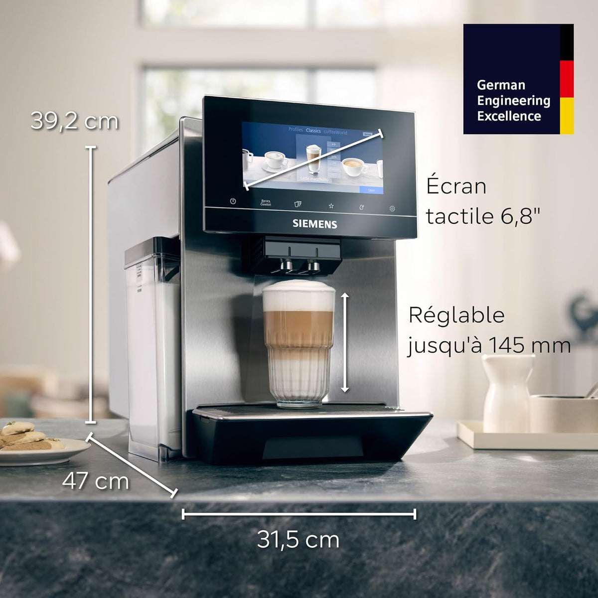 Siemens machine à café automatique EQ900, baristaMode, eGrinder, écran iSelect 6,8 pouces, application Home Connect, acier inoxydable, TQ903R03